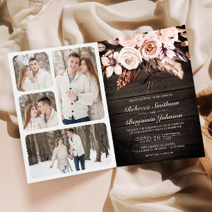 Invitation Mariage Code QR Floral Ivoire Rustique Bois Terreu