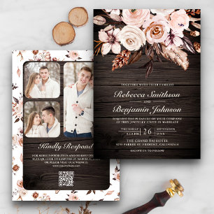 Invitation Mariage Code QR Floral Ivoire Rustique Bois Terreu
