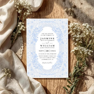 Invitation Mariage code QR floral luxuriant bleu pastel vinta