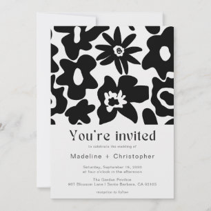 Invitation Mariage Code QR Floral Noir Moderne