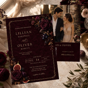 Invitation Mariage Code QR Floral Or Velours Bourgogne