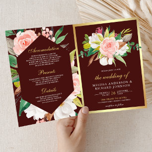 Invitation Mariage Code QR Floral Rose Burgundy Or