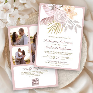 Invitation Mariage Code QR Floral Rose Poussiéreux Rustique