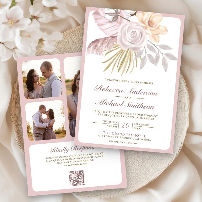 Invitation Mariage Code QR Floral Rose Poussiéreux Rustique (Créateur téléchargé)