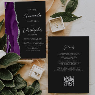 Invitation Mariage Code QR Foncé Agate Argent Violet