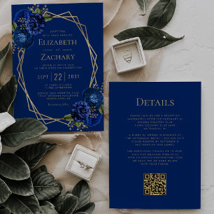 Invitation Mariage Code QR Géométrique Floral Bleu Royal Or