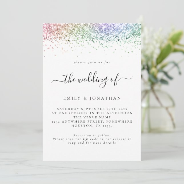 Invitation Mariage code QR Glitter Glam Rainbow (Debout devant)