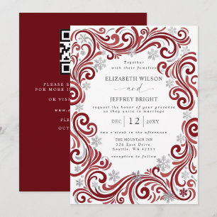 Invitation Mariage Code QR Hiver Flocons de Neige Rouge Argen
