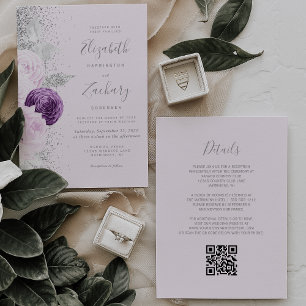 Invitation Mariage Code QR Lilas Paillettes Argent Violet Flo