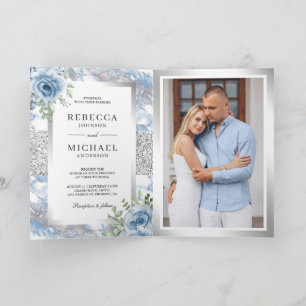 Invitation Mariage Code QR Marbre Floral Bleu Poussière d'Arg
