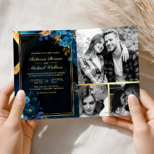 Invitation Mariage Code QR Marbre Floral Bleu Royal Or
