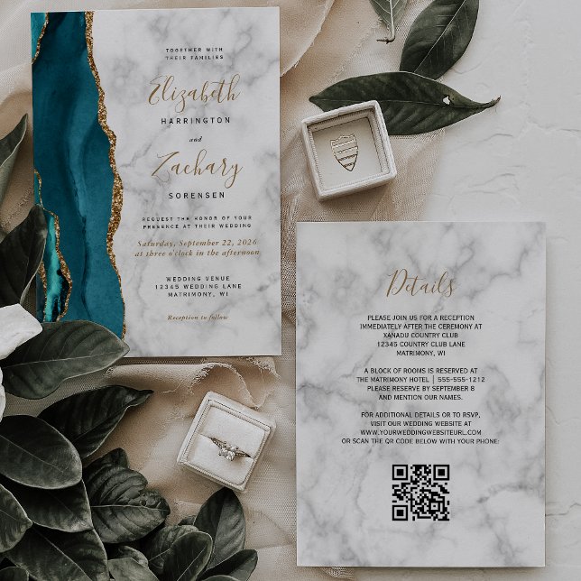 Invitation Mariage Code QR Marbre Or Agate Sarcelle Moderne (Créateur téléchargé)