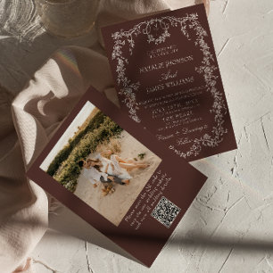 Invitation Mariage Code QR Marron Chocolat Photo Florale Élég