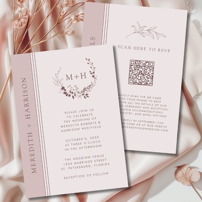 Invitation Mariage Code QR Monogramme Blush Or Rose (Rose Gold Blush Monogram Wreath All in One QR Code Wedding Invitation)