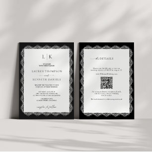 Invitation Mariage Code QR Monogramme Cadre Dentelle Noir Bla