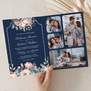 Invitation Mariage Code QR Navy Floral Rose et Bleu Poussière