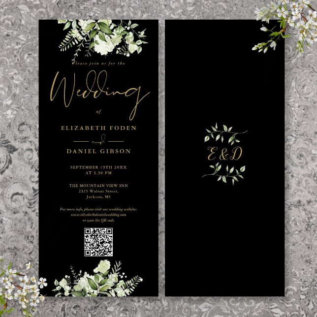 Invitation Mariage Code QR Noir et Or Floral Verdure (Greenery Floral Black And Gold QR Code Wedding Invitation)