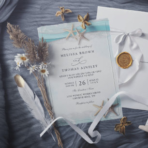 Invitation Mariage Code QR Ocean Bleu Plage Étoile de Mer et