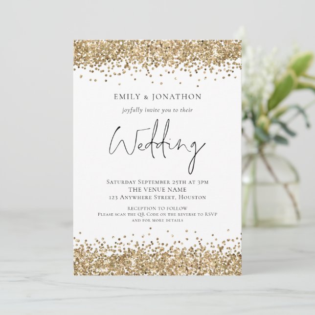 Invitation Mariage Code QR Paillettes Or Moderne (Debout devant)