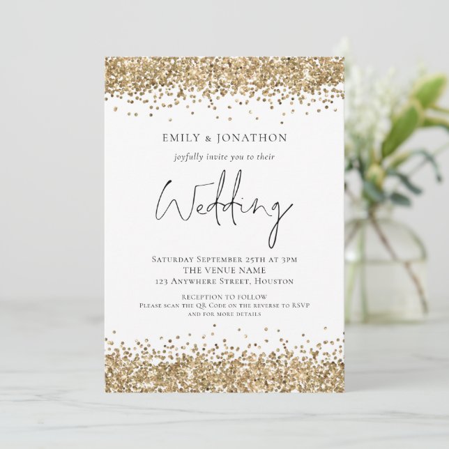 Invitation Mariage Code QR Paillettes Or Modernes (Debout devant)
