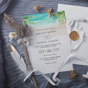 Invitation Mariage code QR palmier plage tropicale aquarelle
