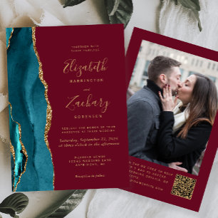 Invitation Mariage Code QR Photo Agate Or Bordeaux