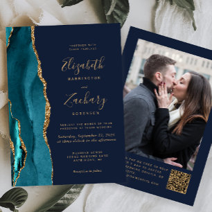 Invitation Mariage Code QR Photo Bleu Nuit Agate Or Sarcelle