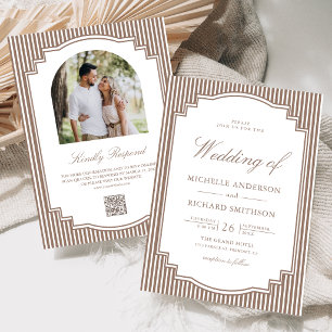 Invitation Mariage Code QR Photo Brun Rayé Mocha Classique