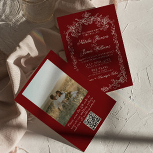 Invitation Mariage Code QR Photo Burgundy Ancien Argent Vieux