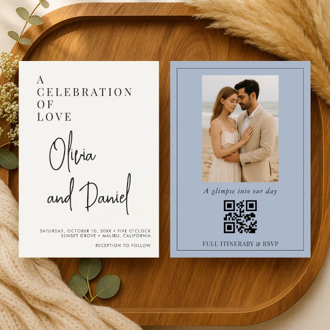 Invitation Mariage Code QR Photo Script Bleu Poussiéreux (Créateur téléchargé)