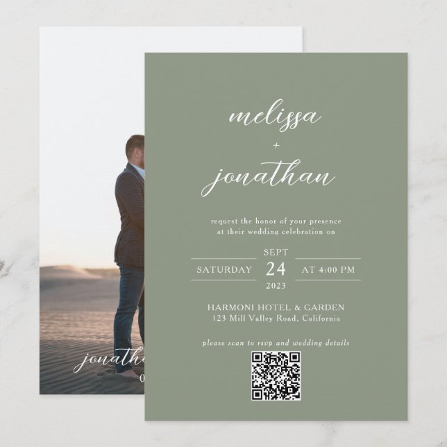 Invitation Mariage Code QR Photo Script Vert Sauge Atténué (Devant / Derrière)