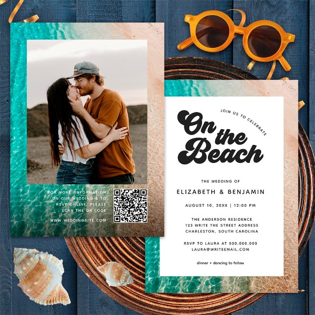 Invitation Mariage code QR photo typographie sur la plage (Front/Back)