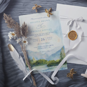 Invitation Mariage Code QR Pinède Aquarelle Lac de Montagne
