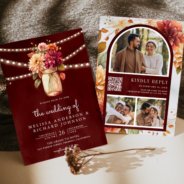 Invitation Mariage Code QR Pot Mason Dahlia Automne Bourgogne (Créateur téléchargé)