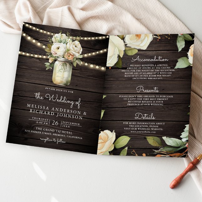 Invitation Mariage Code QR Pot Mason Roses Blanches Bois Rust (Créateur téléchargé)