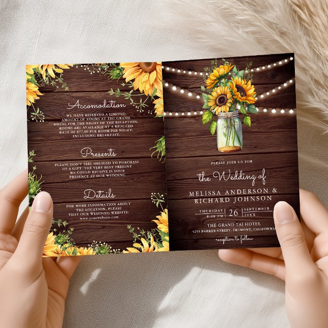 Invitation Mariage Code QR Pot Mason Tournesols Bois Rustique (Créateur téléchargé)