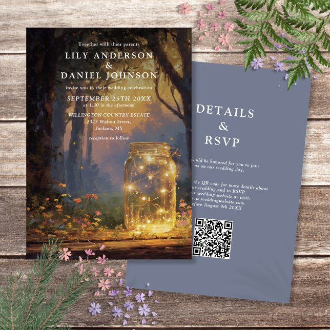 Invitation Mariage Code QR Pot Masonique Forêt Enchantée Rust (Rustic Enchanted Forest Mason Jar QR Code Wedding Invitation)