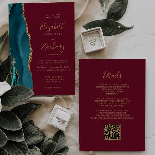 Invitation Mariage Code QR Rouge Bourgogne Agate Or Sarcelle