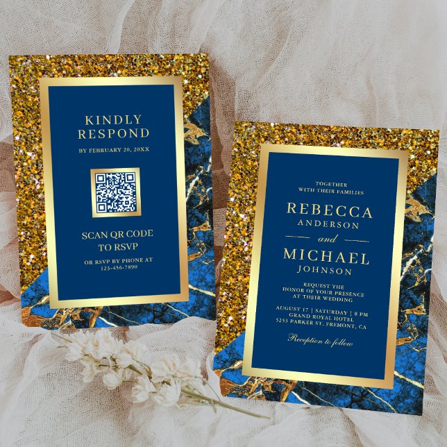 Invitation Mariage Code QR Royal Bleu Marbre Doré (Créateur téléchargé)