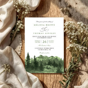 Invitation Mariage code QR rustique aquarelle forêt montagne