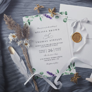Invitation Mariage code QR rustique avec verdure et lavande v