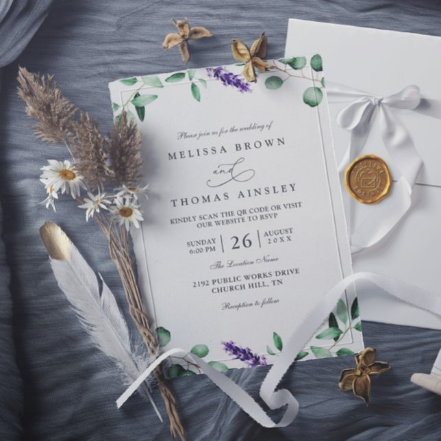 Invitation Mariage code QR rustique avec verdure et lavande v (Créateur téléchargé)