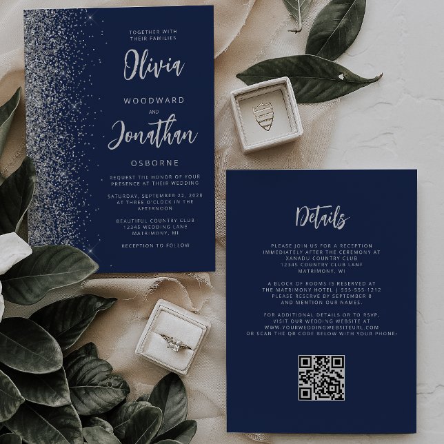 Invitation Mariage Code QR Script Pailleté Bleu Marine Argent (Créateur téléchargé)