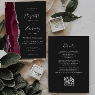 Invitation Mariage Code QR Sombre Agate Argent Bourgogne Mode