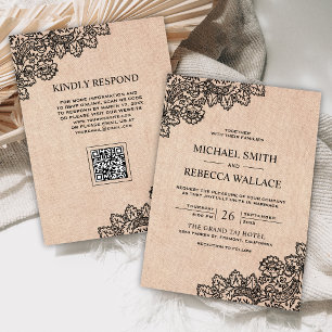 Invitation Mariage Code QR Toile Burlap Dentelle Noir