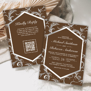 Invitation Mariage Code QR Tourbillon Élégant Argent Marron
