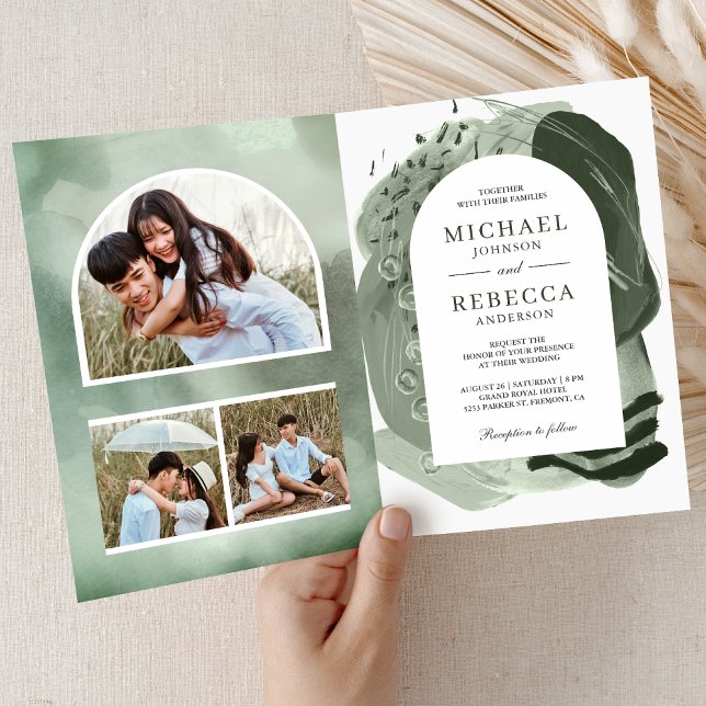 Invitation Mariage Code QR Traits de Pinceau Vert Sage Boho (Créateur téléchargé)