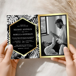 Invitation Mariage Code QR Tropical Palmier Or Noir Blanc