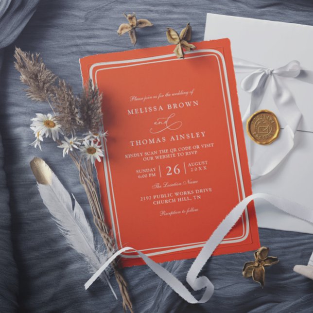 Invitation Mariage Code QR Unique Rétro Orange Clair Élégant (Créateur téléchargé)