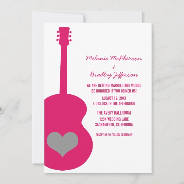Invitation Mariage Coeur de guitare rose/gris (Devant)